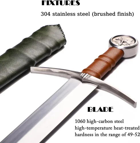 Vista 4 de Espada medieval occidental del Rey Arturo de 49"/41.5" con funda de cuero afilada, espada de doble mano larga de acero de carbono real, espada