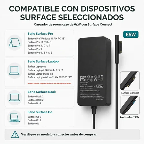Vista 2 de Cargador Surface Pro de 65 W compatible con Microsoft Surface Pro 11/10/9/8/7+/7/6/5/4/3/X, Surface Laptop 7/6/5/4/3/2/1, Surface Go 4/3/2/1