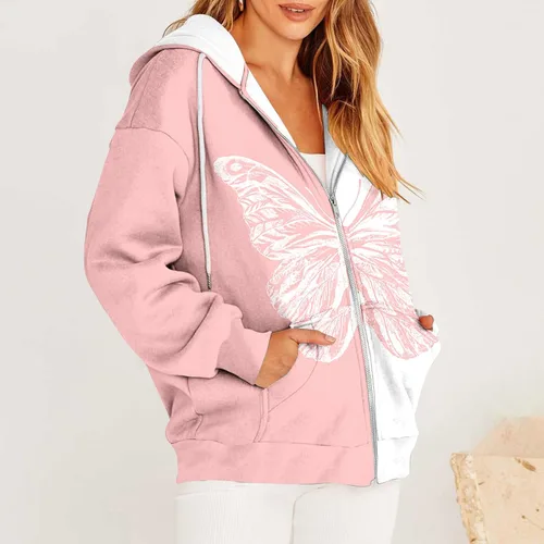 Vista 5 de Blczomt Sudaderas de forro polar para mujer, con cremallera, con estampado de mariposas, de gran tamaño, con cordón, casual, de manga larga