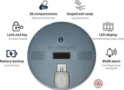 Vista 4 de Dispensador de píldoras monitoreado celular (MR-357FL): organizador automático de medicamentos de 28 días, alertas para cuidadores de luz