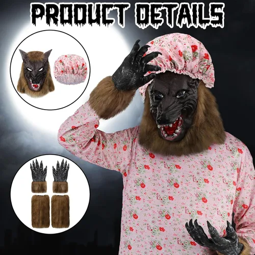 Vista 3 de Bonuci Disfraz de abuela de Halloween para adultos, disfraz de cosplay con sombrero, máscara de cabeza de lobo, guantes, calentadores de piernas
