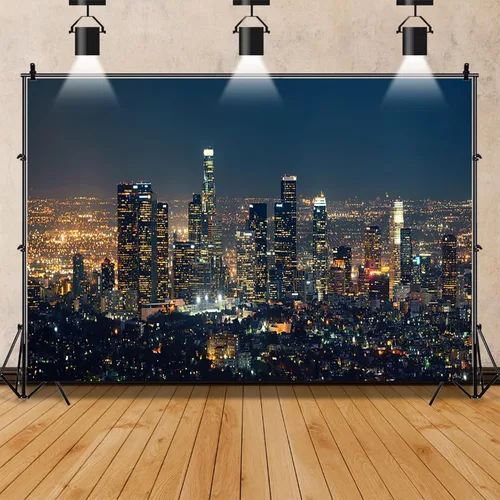 Vista 2 de AOFOTO Telón de fondo moderno de 5 x 3 pies con vista nocturna de Los Ángeles, rascacielos del centro de Estados Unidos, California, luces urbanas