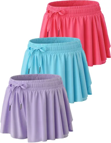 Vista 7 de Paquete de 3 pantalones cortos fluidos para niñas con forro de elastano, 2 en 1, faldas de mariposa para jóvenes, para fitness, correr, deportes