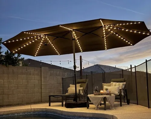 Vista 22 de PURPLE LEAF - Sombrilla de mercado de patio de 13 pies con base rectangular doble cara, sombrilla de mesa para exteriores con manivela, 12 varillas