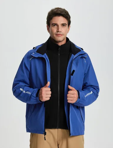 Vista 2 de baleaf Chaqueta impermeable para hombre 3 en 1 para esquí de invierno, rompevientos con capucha reflectante, plegable, con chaqueta de forro polar