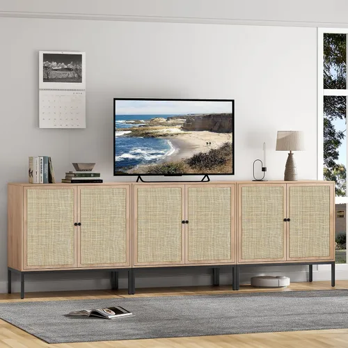 Vista 12 de Brafab Aparador negro con puertas decoradas de ratán natural, 31.5 pulgadas de ancho, armario de almacenamiento de ratán Credenza, gabinete bohemio