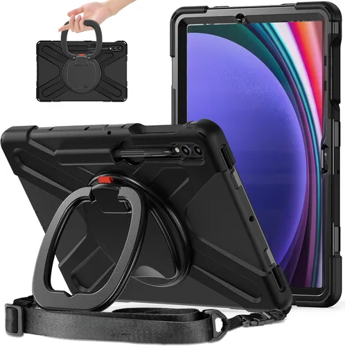 Vista 8 de Funda de rotación 360 para Galaxy S8 Ultra de 14.6 pulgadas, funda resistente con anillo giratorio, correa de transporte para hombro, correa de Negro