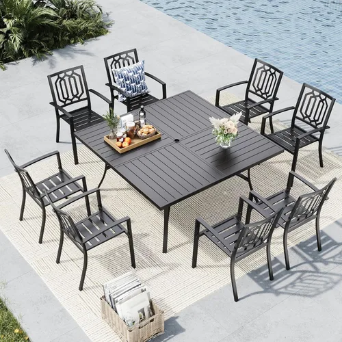 Vista 17 de MFSTUDIO Juego de comedor al aire libre para 8, juego de mesa y sillas de metal para patio, juego de muebles de patio de 9 piezas, juego de comedor