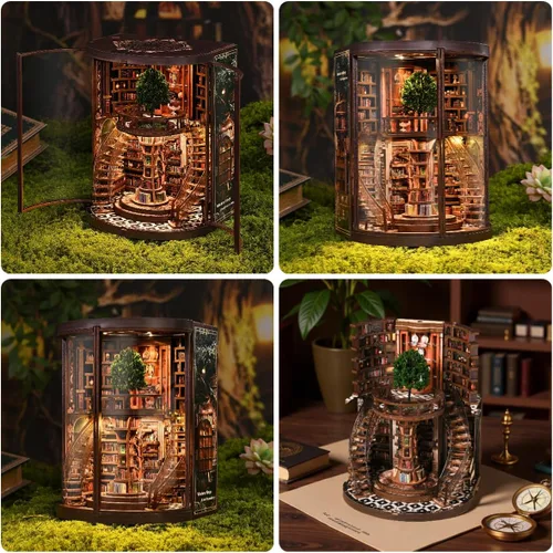 Vista 3 de RHZN - Kit de rincón de libros, rompecabezas de madera 3D para adultos, kit de casa en miniatura Biblioteca