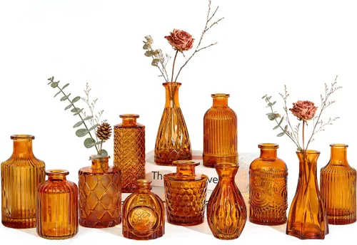 Vista 25 de UPBUD Juego de 5 jarrones de cristal ámbar, pequeños jarrones marrones para flores Mini jarrones a granel para decoraciones de boda, jarrón