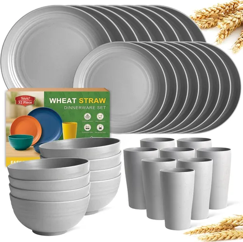 Vista 8 de Teivio Juego de vajilla de plástico de paja de trigo de 32 piezas para cocina, servicio para 8, platos, cuencos y tazas irrompibles, vajilla