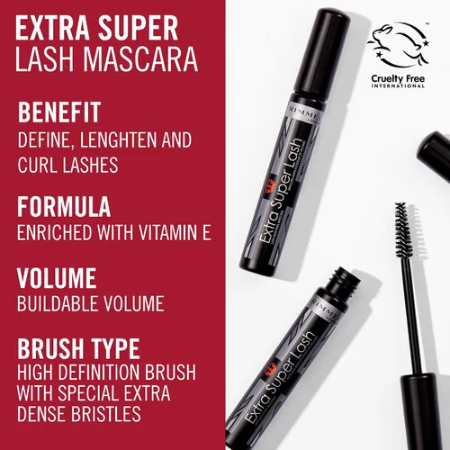 Vista 3 de Rimmel Máscara de Pestañas Extra Super Lash, Negro, 0.27 Onza Líquida