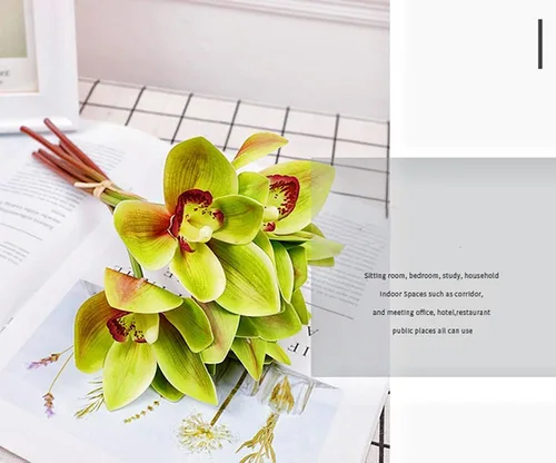 Vista 2 de Orquídeas artificiales Cymbidium - Orquídeas artificiales, 12 racimos de flores artificiales para exteriores, arbustos verdes, plantas