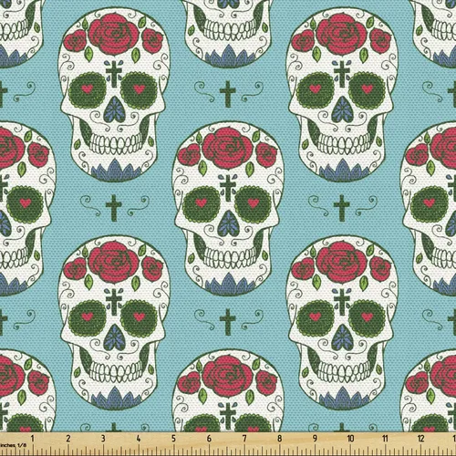 Vista 59 de Ambesonne The Yard, tela de calavera colorida con temática de Halloween, diseño de calavera y huesos cruzados, divertido estampado de dibujos