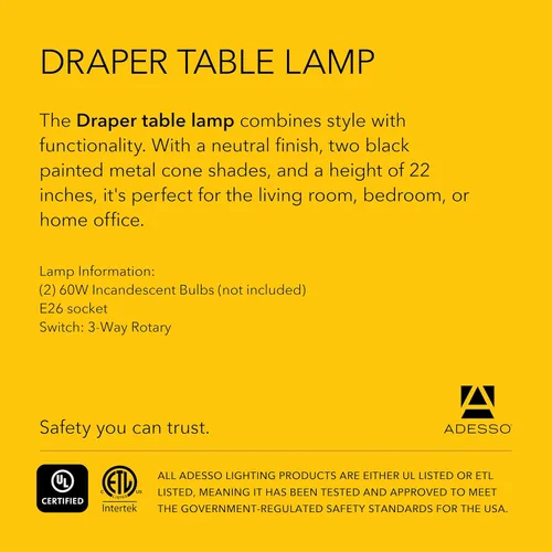 Vista 7 de Adesso 3235-01 Draper Lámpara de escritorio, 22 in., 2 x 60W incandescente/2 x 13W CFL, acero cepillado/pintado negro con acento de madera, 1
