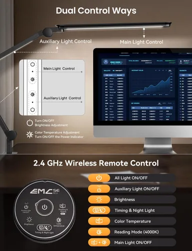 Vista 4 de Lámpara de escritorio LED con abrazadera, luz doble ajustable y control remoto, luz de rompecabezas para mesa sin deslumbramiento, 4 modos