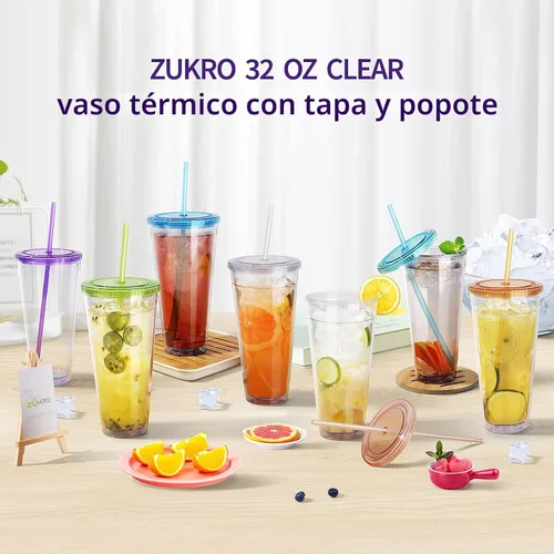 Vista 8 de Zukro Vaso acrílico transparente con pajita y tapa de 32 oz, vaso de plástico reutilizable aislado de doble pared para café helado, vaso para llevar