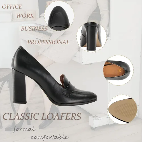 Vista 2 de MOOMMO Zapatos de tacón grueso de bloque para mujer, punta redonda cerrada, sin cordones, Oxford, tacón alto, oficina, negocios, 4-13 M de EE. UU