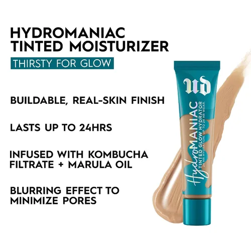 Vista 3 de Urban Decay Hydromaniac Dewy Foundation, Hidratante con color para piel seca, cobertura media construible, con filtrado de kombucha y aceite