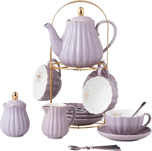 Vista 11 de CLAY TONIC- Juego de tazas de té y café de porcelana fina púrpura de 8 oz, tazas y platillos, con tetera, azucarero, jarra para crema, cucharaditas