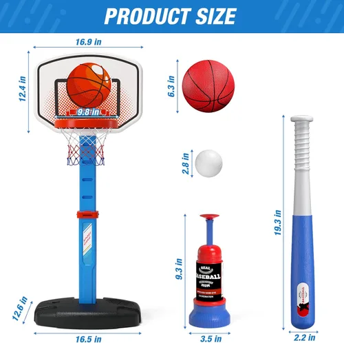 Vista 8 de HYES Juego de aro de baloncesto 2 en 1 y pelota en T para niños, altura ajustable, tee de béisbol para niños con máquina de lanzamiento automática
