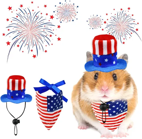 Vista 6 de 4 piezas de disfraz para el Día de la Independencia de las mascotas, sombrero de conejillo de indias para el 4 de julio, bandana triangular