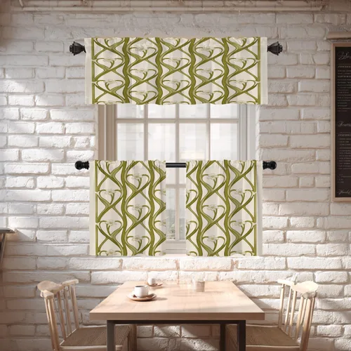 Vista 2 de Shrahala Art Nouveau Floral Pattern Blackout Curtain Tiers, Delicate Vine and Flower Design Kitchen Valance Light Blocking Tier Drapes with Rod
