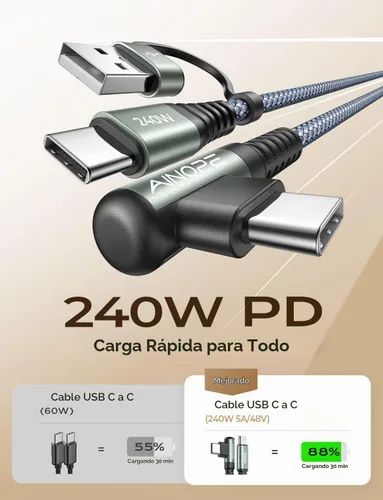 Vista 2 de AINOPE Cable USB C Largo de 100W Multi 4 en 1 Cable de Carga Cargador Tipo C de Carga Rápida USB a USB C, Ángulo Recto Compatible con iPhone 16 15
