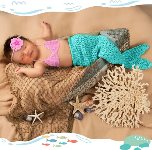 Vista 4 de Janmercy Trajes de fotografía para niña recién nacida, accesorios para fotos de bebé, traje de ganchillo hecho a mano, lindo disfraz de foto (sirena)