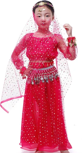 Vista 4 de Astage Conjunto elegante de disfraz de danza del vientre, todos los accesorios Rosa Encendido (Style A-Hotpink)
