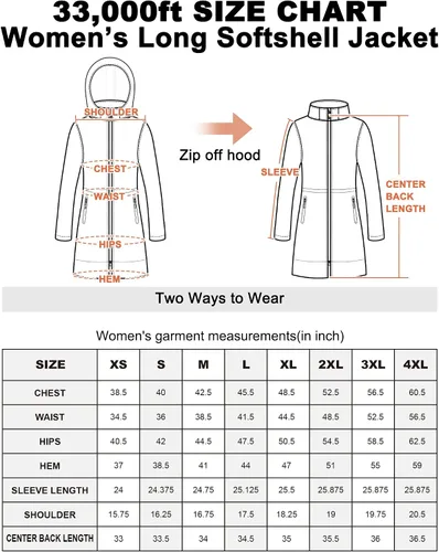 Vista 6 de 33,000ft Chaqueta impermeable Softshell larga para mujer con capucha forro polar cortavientos cortavientos