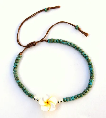 Vista 5 de Boho Beaded Anklet for Women and Teen Girls, Unique Bohemian Turquoise and Sterling Silver Beaded Anklet with Hawaii Hawaiian Plumeria Flower