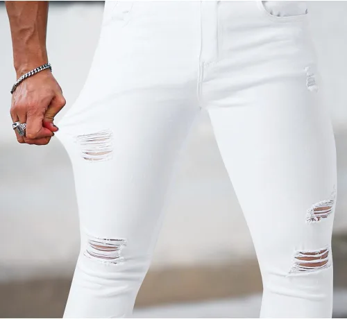 Vista 4 de Gingtto jeans entallados elásticos para hombre, de corte ajustado, rasgados, gastados