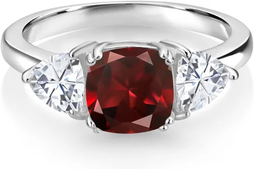 Vista 17 de 925 Sterling Silver Gemstone Birthstone and White Moissanite 3-Stone Engagement Ring for Women 7MM Cushion and 5MM Trillion Accents Three Stone