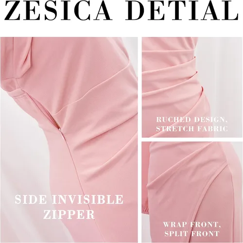 Vista 4 de ZESICA Vestido de cóctel de manga larga con un hombro descubierto para mujer, sexy, con abertura alta, fruncido, entallado, para fiesta de boda