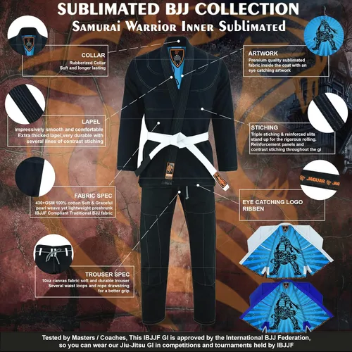 Vista 3 de Samurai Warrior Interior sublimado Pro Brazilian Jiu Jitsu BJJ Kimono Gi Uniforme Unisex Cinturón incluido