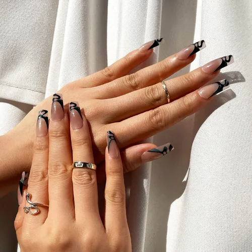 Vista 19 de Gold Finger - Kit de uñas postizas de cobertura completa con pegamento, diseño moderno, gel listo para usar, uñas medianas, largas y extralargas