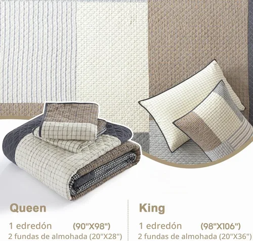 Vista 5 de Finlonte Colchas tamaño Queen 100% algodón, ligero y suave, edredón de retazos reales a cuadros, colcha acolchada, marrón, beige, gris, reversible