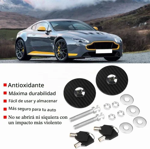 Vista 2 de Kit de pasador de capó para coche, universal, fibra de carbono, estilo de motor, cubierta de capó, bloqueo de llave, kit de liberación rápida