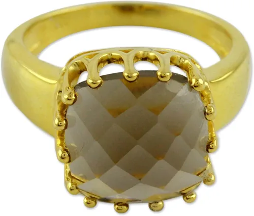 Vista 2 de NOVICA Anillo artesanal de cuarzo ahumado vermeil hecho a mano con una sola piedra facetado de la India. Plata de ley 925 chapada en oro de 18