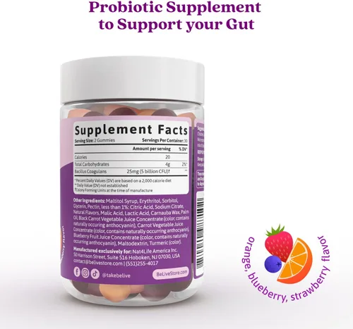 Vista 3 de BeLive Gomitas probióticas – Probióticos con 5 mil millones de UFC para la salud digestiva, hombres, mujeres y niños – para apoyo inmunológico, sin