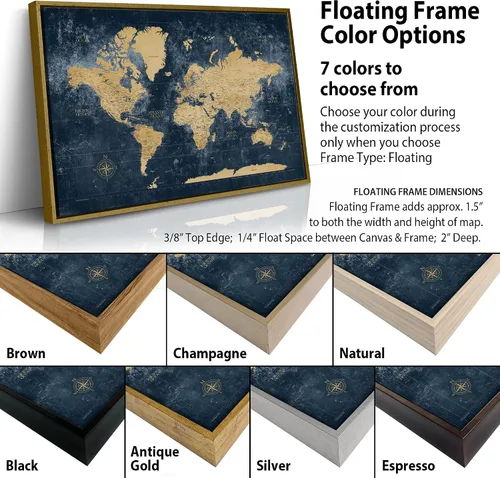 Vista 5 de HolyCowCanvas Mapa de Viaje Mundial Dorado y Azul Marino con Alfileres, Tablero de Mapa Mundial con Alfileres para Rastrear Lugares Visitados