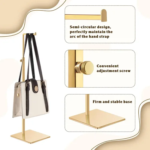 Vista 3 de Hicarer Juego de 8 soportes de exhibición dorados de acero inoxidable de altura ajustable para bolsas, estante de exhibición de bolsos de metal