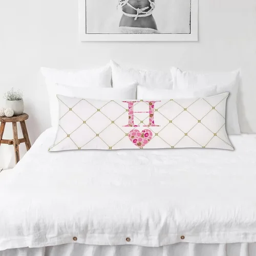 Vista 4 de Funda de almohada corporal con monograma del alfabeto y corazón, estampado de leopardo rosa, letra H, almohadas para dormir, funda de almohada larga