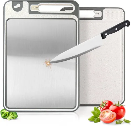 Vista 8 de Tabla de cortar de acero inoxidable, tablas de cortar de 14 x 10 pulgadas para cocina, apta para lavavajillas, resistente a los arañazos con ranura