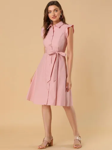 Vista 4 de Allegra K Vestido casual de oficina de manga con volantes para mujer, con lazo en la cintura, con botones y botones