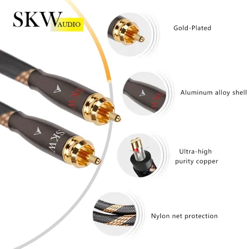Vista 3 de SKW Cable de RCA para audiófilos 2RCA macho a 2RCA macho de sistema HiFi con diámetro de 7mm (0.5m/1.64ft, negro, nylon) Ultra-pure copper core