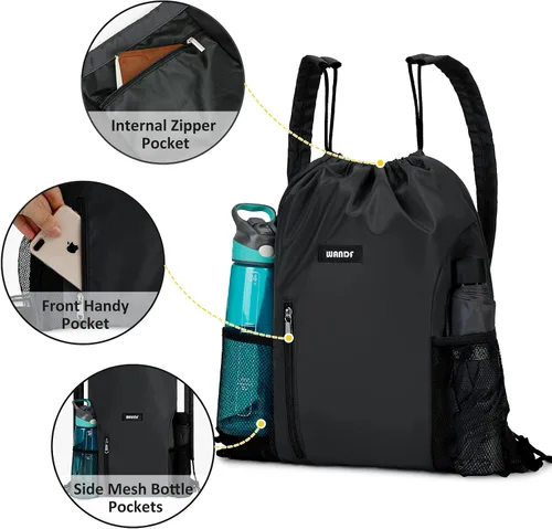 Vista 3 de WANDF Mochila con cordón y almohadilla para el hombro, mochila deportiva para gimnasio con bolsillo de malla para mujeres y hombres, Negro -, Classic
