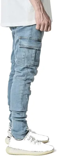 Vista 4 de HUNGSON Pantalones de mezclilla elásticos ajustados para hombre, jeans ajustados rasgados para hombre, pantalones de pierna recta desgastados