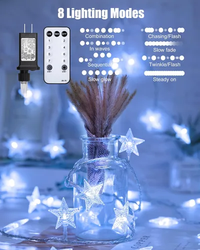 Vista 3 de Minetom Guirnalda de luces de estrella enchufables – 66 pies 200 luces LED de estrella de hadas con control remoto y temporizador, 8 modos
